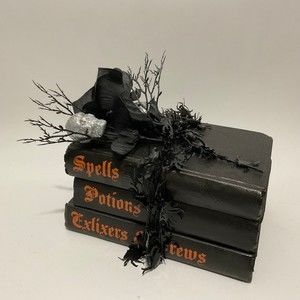 Halloween Witches Book Stack with Dark flowers Dark academia
